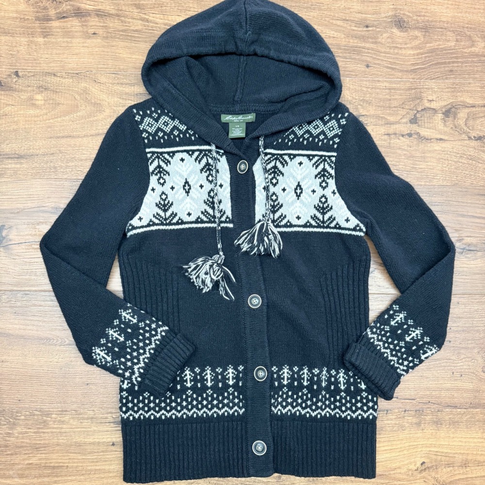 Eddie Bauer Women‎ Large Cardigan Sweater Hooded Fair Isle Pom Pom Wool Blend